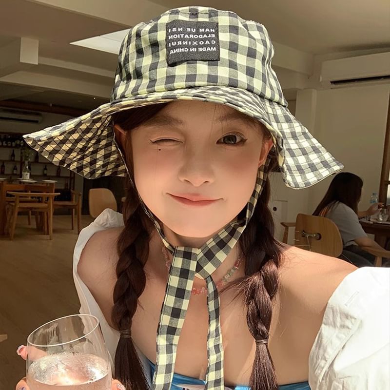 With Checkered Cotton Hat Chin Strap Bucket