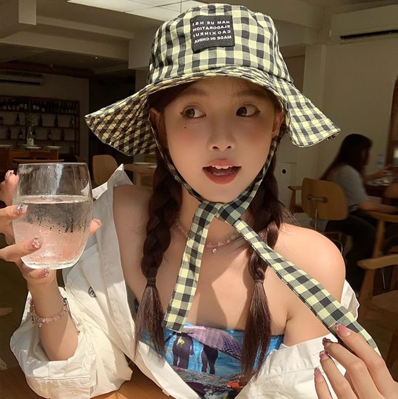 With Checkered Cotton Hat Chin Strap Bucket