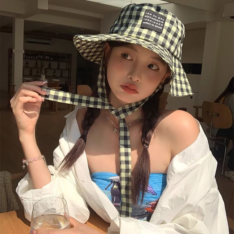 With Checkered Cotton Hat Chin Strap Bucket