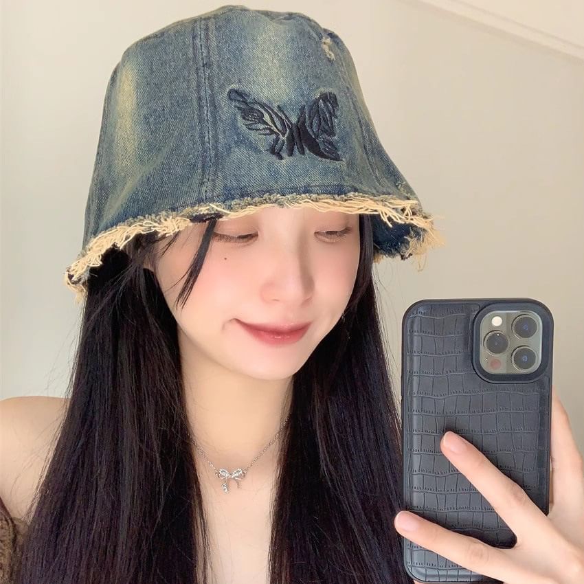 Hat Bucket With Embroidery Brim Distressed Butterfly