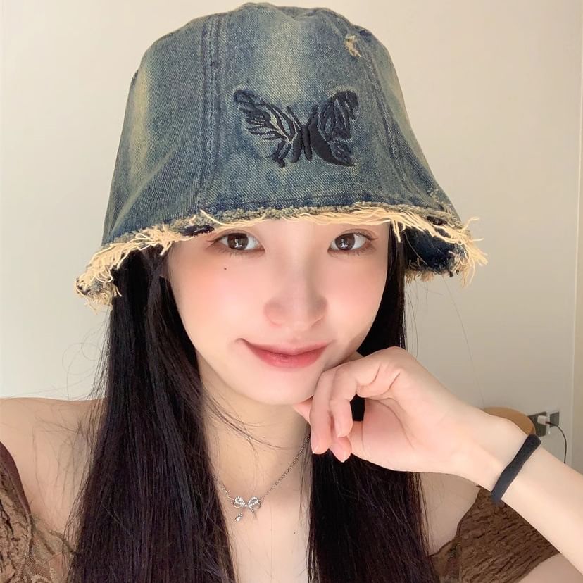 Hat Bucket With Embroidery Brim Distressed Butterfly