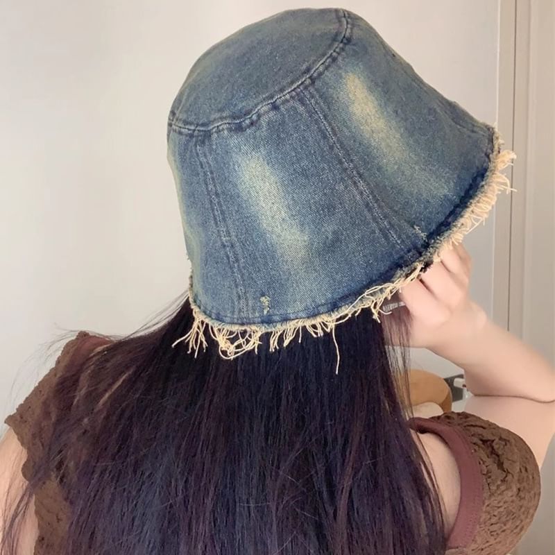 Hat Bucket With Embroidery Brim Distressed Butterfly