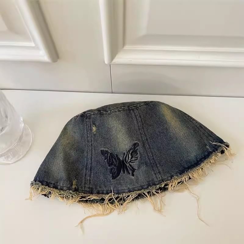 Hat Bucket With Embroidery Brim Distressed Butterfly