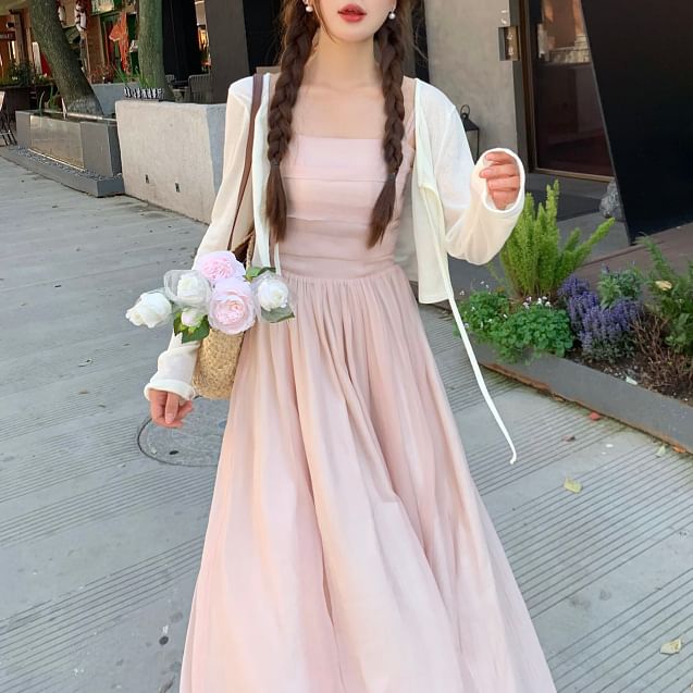 A-Line Dress Plain Spaghetti Maxi Neck Square Strap