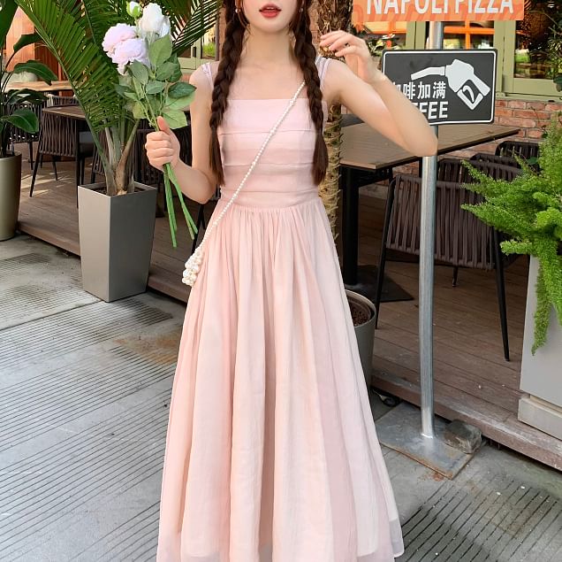 A-Line Dress Plain Spaghetti Maxi Neck Square Strap