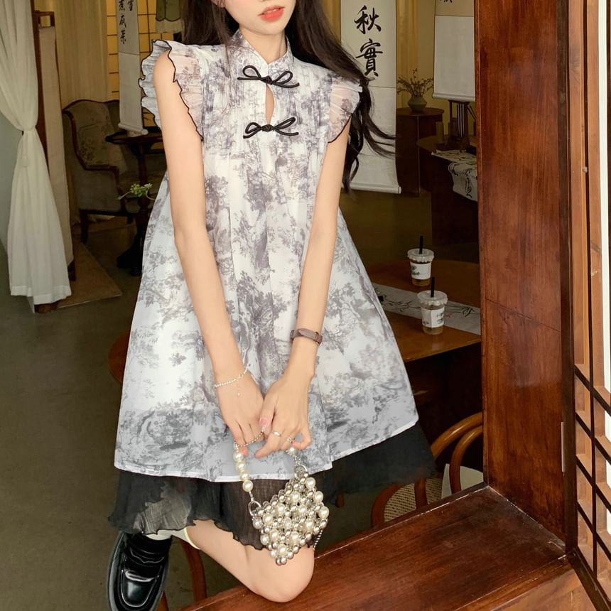 Sheer A-Line Cap-Sleeve Mini Dress Print