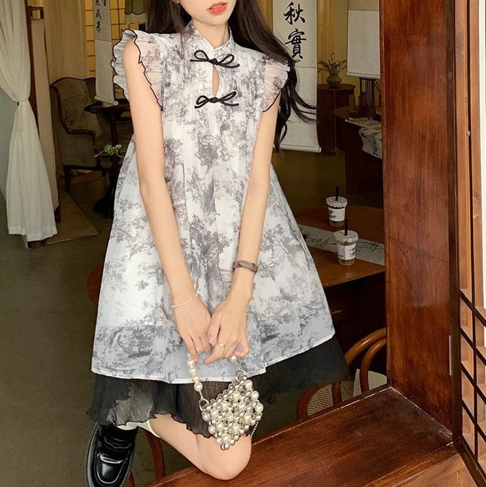 Sheer A-Line Cap-Sleeve Mini Dress Print