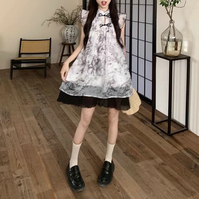 Sheer A-Line Cap-Sleeve Mini Dress Print