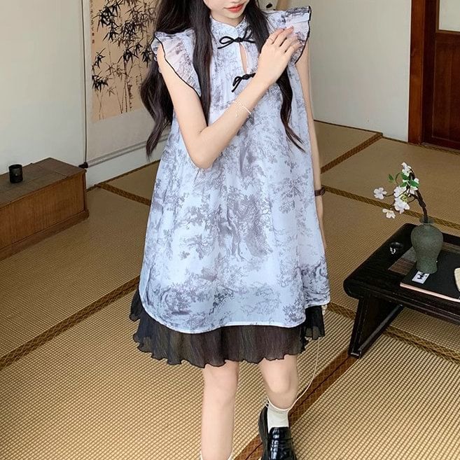 Sheer A-Line Cap-Sleeve Mini Dress Print