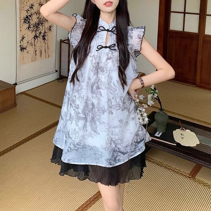 Sheer A-Line Cap-Sleeve Mini Dress Print