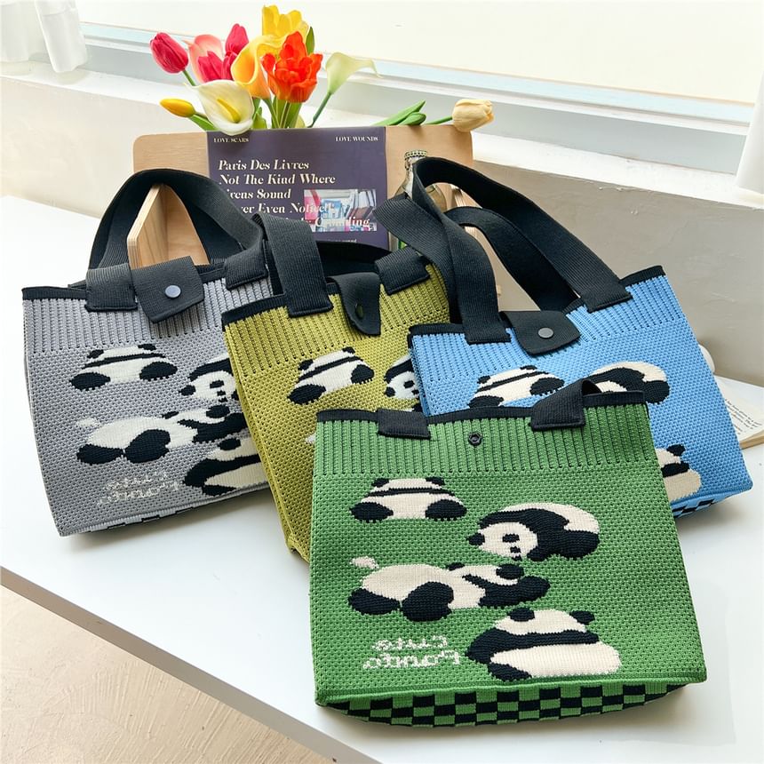 Checkered Knit Panda Tote Bag