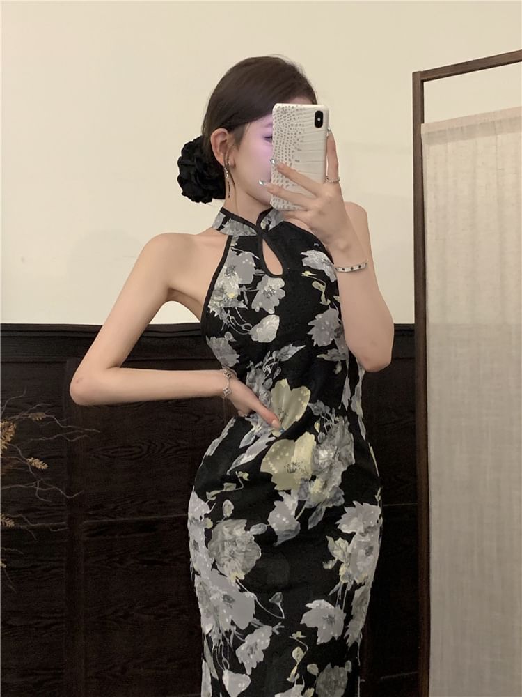 Halter Neck Stand Collar Floral Print Cutout Slit Midi Bodycon Dress