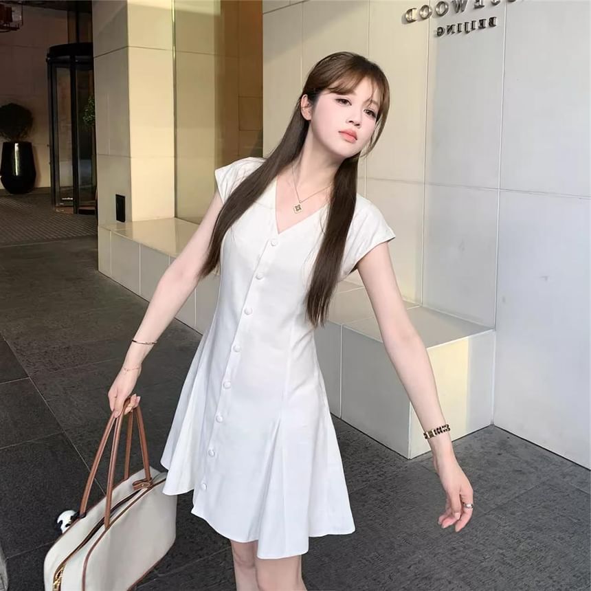 Cap-Sleeve V-Neck Plain Button A-Line Dress