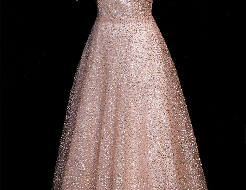 Short-Sleeve Cold Shoulder Bow Sequin A-Line Evening Gown