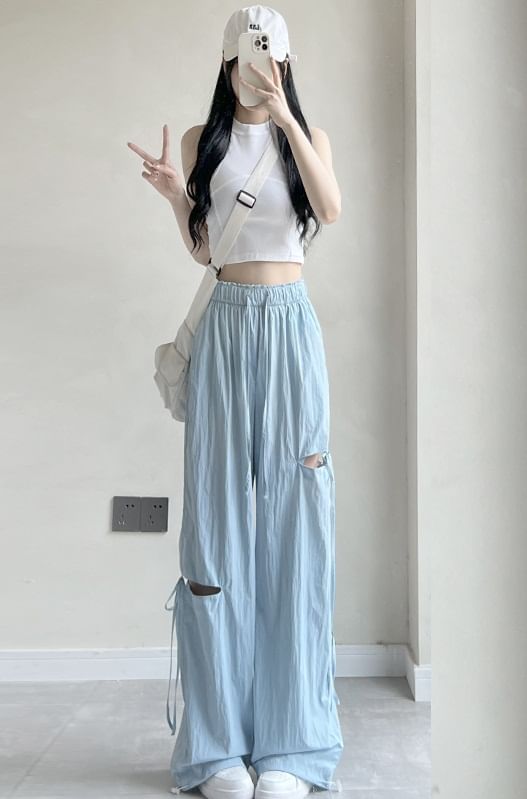 Bow Accent Cutout High Rise Drawstring Wide Leg Sweatpants