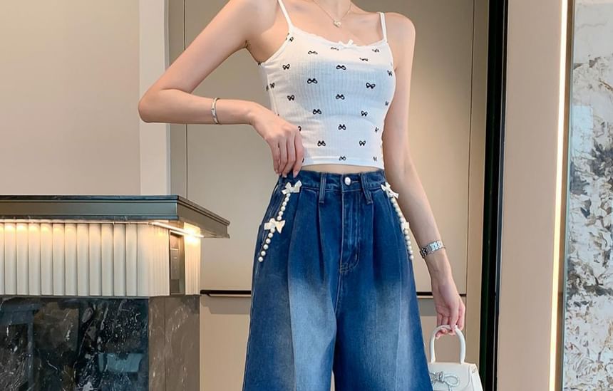 High Waist Bow Beaded Washed Denim Shorts