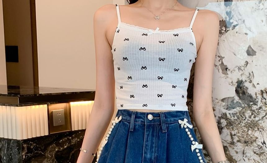 High Waist Bow Beaded Washed Denim Shorts