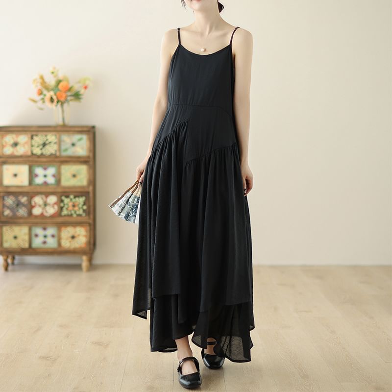 Spaghetti Strap Plain Asymmetrical Maxi Sundress