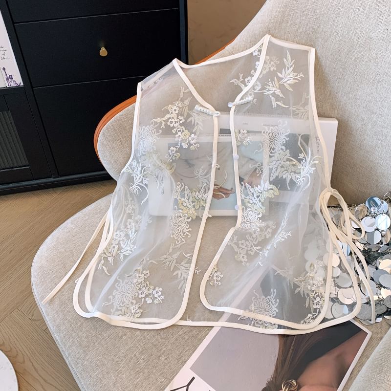Flower Embroidered Sheer Vest