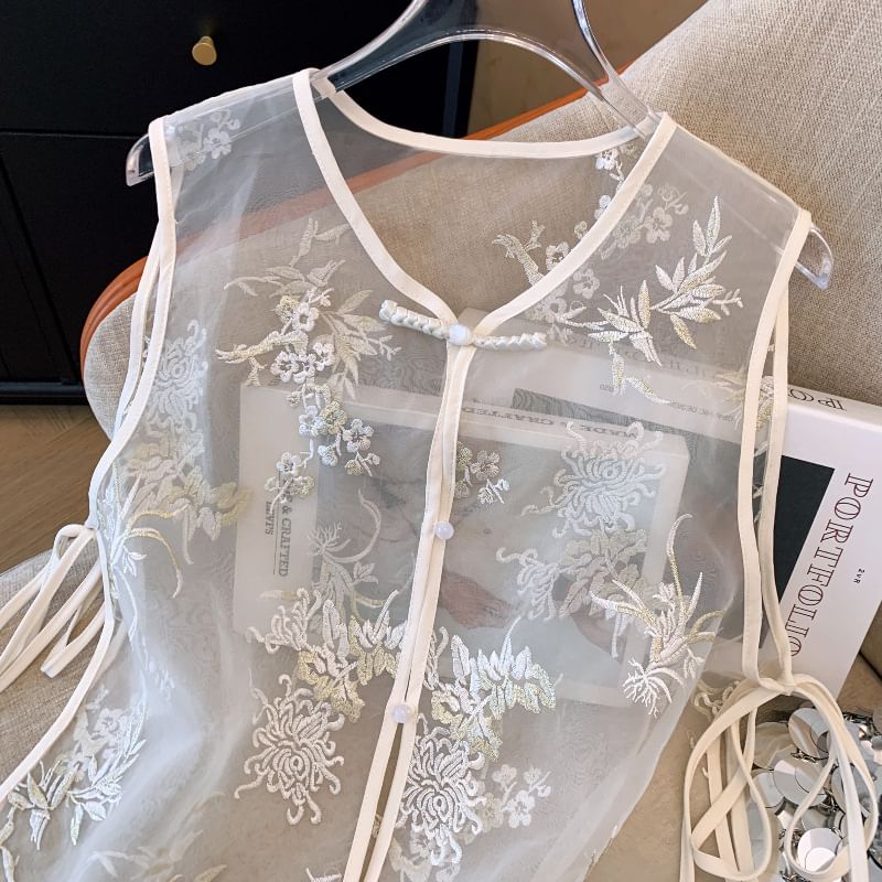 Flower Embroidered Sheer Vest