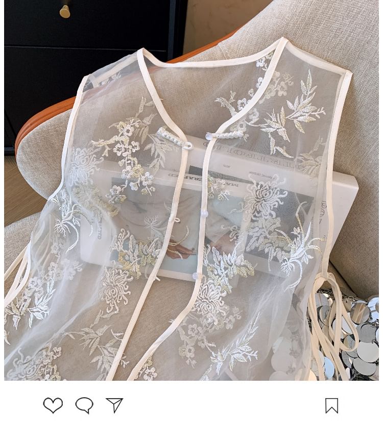 Flower Embroidered Sheer Vest