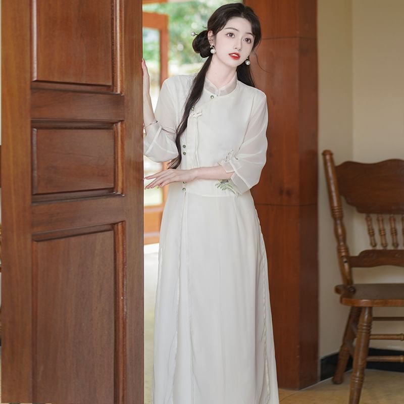 Set: 3/4-Sleeve Flower Embroidered Midi Hanfu Dress + Plain Wide Leg Pants