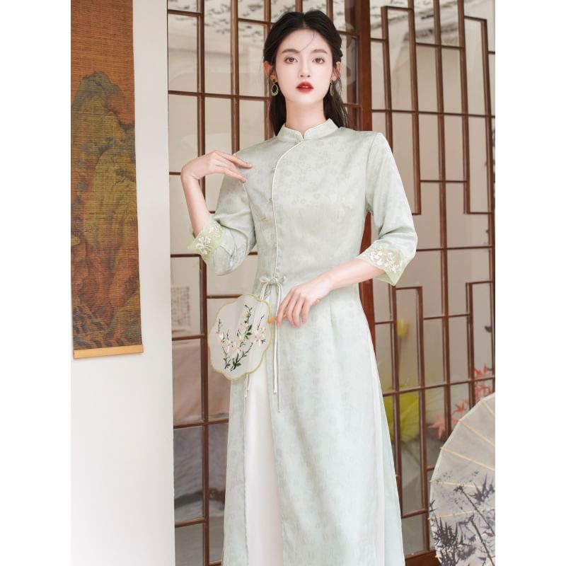 Elbow-Sleeve Floral Side-Slit Midi Hanfu Dress / High Waist Plain Wide Leg Pants / Set