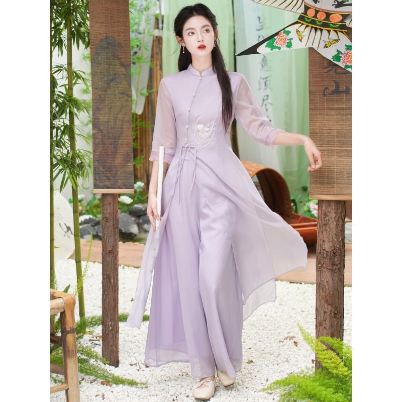 Set: Elbow-Sleeve Flower Embroidered Hanfu Blouse + High Waist Plain Wide Leg Pants