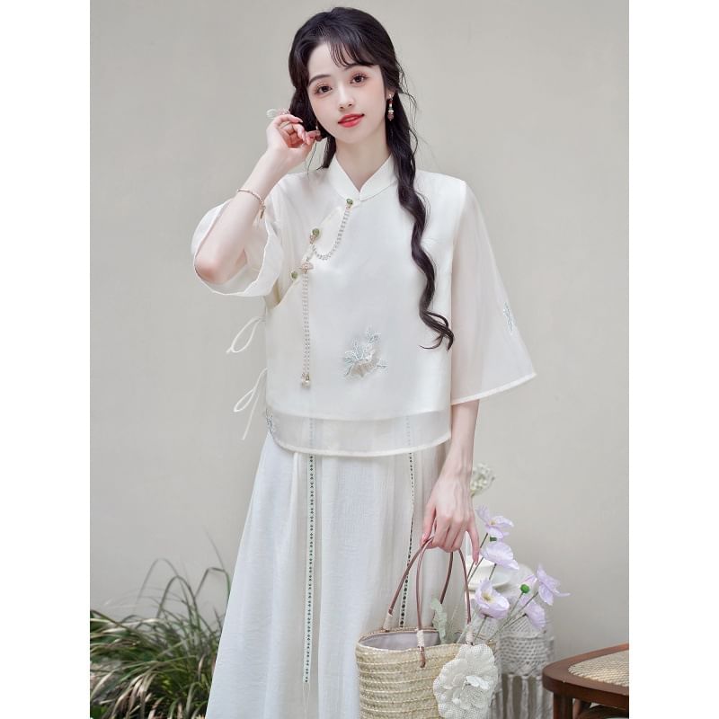 Set: Elbow-Sleeve Flower Embroidered Blouse + High Rise Plain Maxi A-Line Skirt