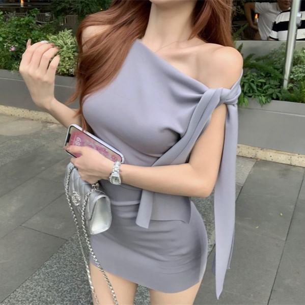 Plain Shoulder Mini Dress One Tie-Up Sheath Sleeveless