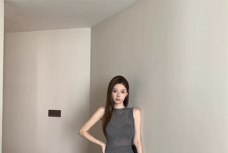 Crewneck Top Flared Sleeveless Pants / Plain