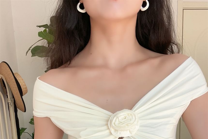 Plain Floral Crop Slim Fit Top Short-Sleeve Ruched Off-Shoulder Accent