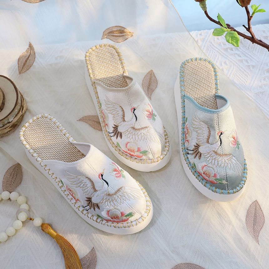 Embroidered Wedge Heel Mules
