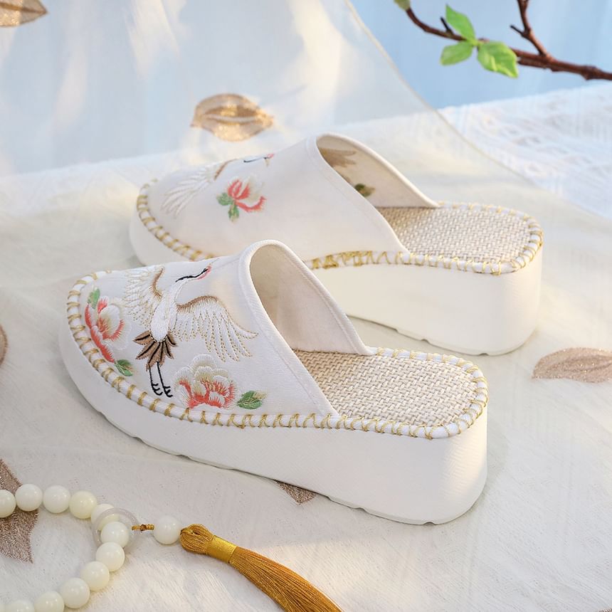 Embroidered Wedge Heel Mules