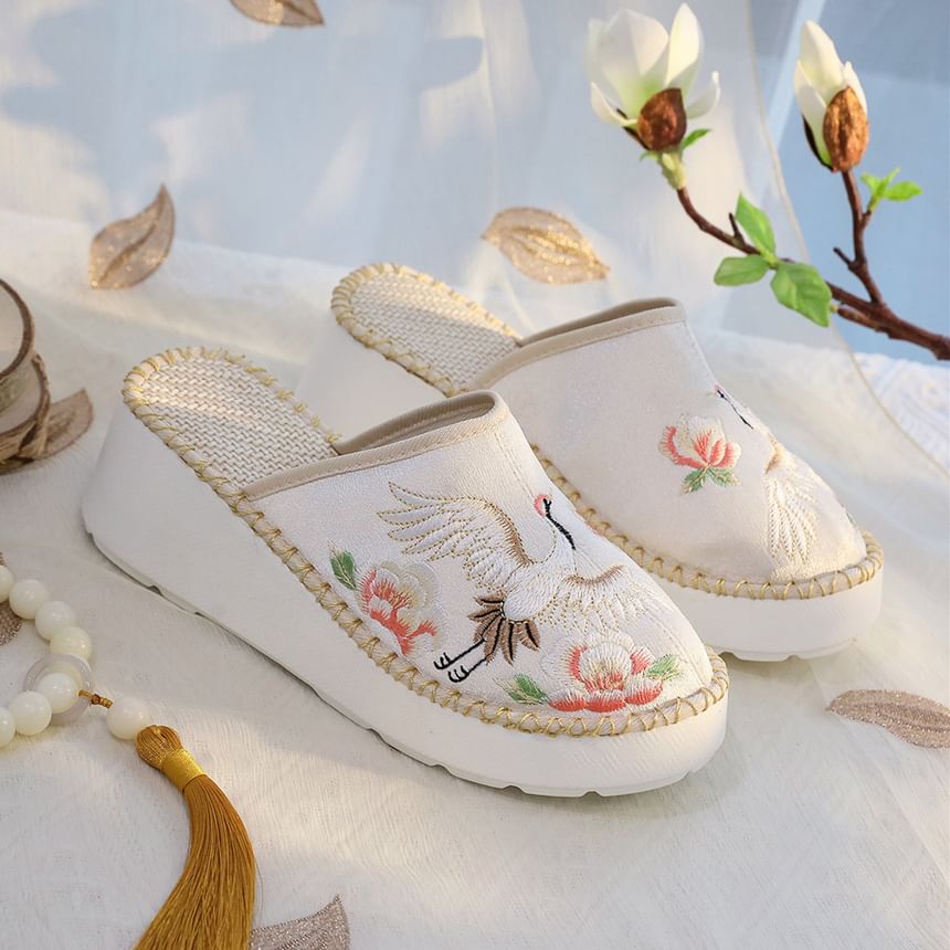Embroidered Wedge Heel Mules