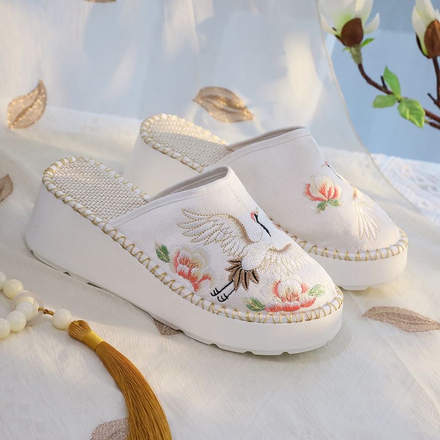 Embroidered Wedge Heel Mules