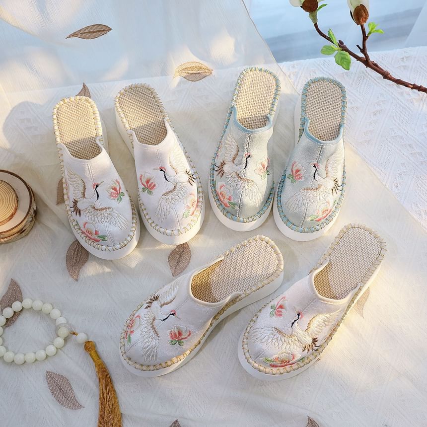 Embroidered Wedge Heel Mules