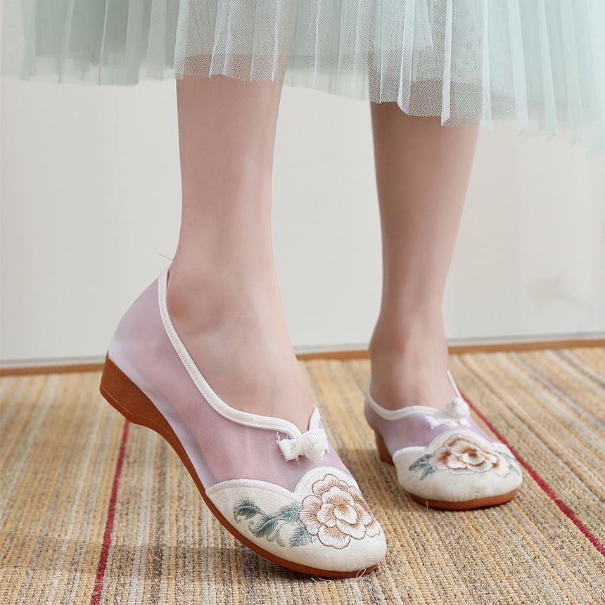 Wedge Mesh Embroidered Heel Slip-Ons