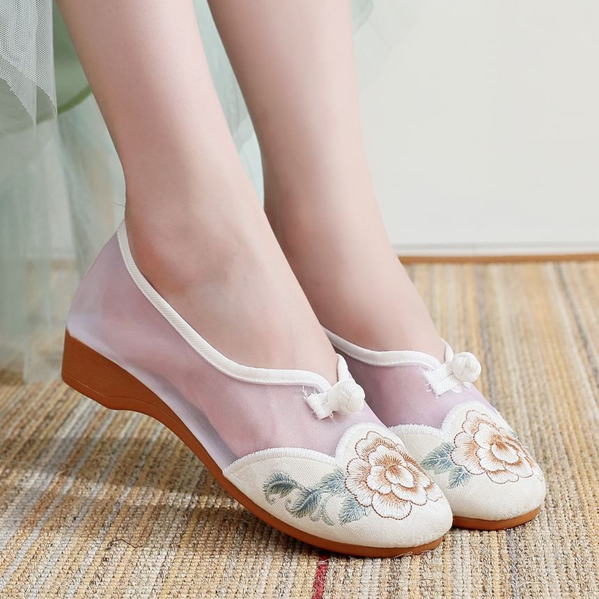 Wedge Mesh Embroidered Heel Slip-Ons