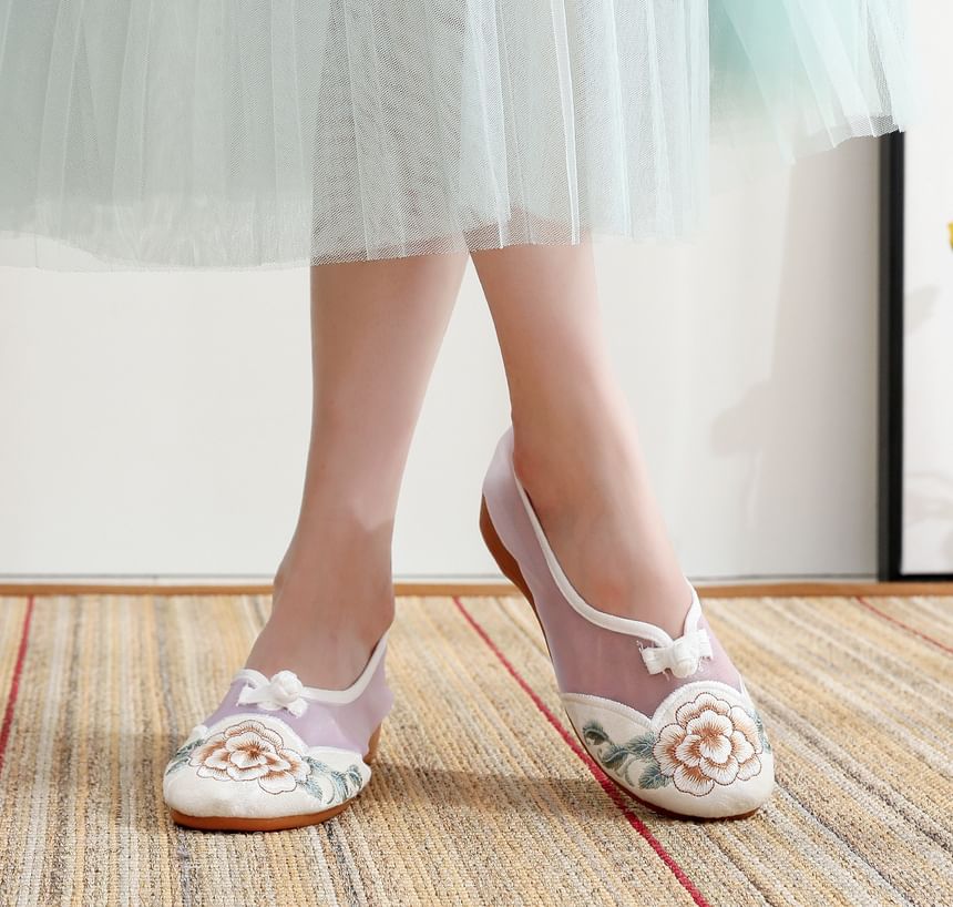 Wedge Mesh Embroidered Heel Slip-Ons