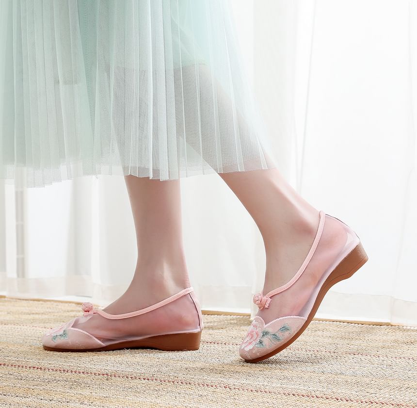 Wedge Mesh Embroidered Heel Slip-Ons