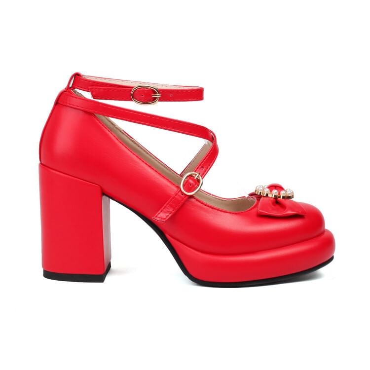 Chunky Bow Mary Jane Pumps Heel