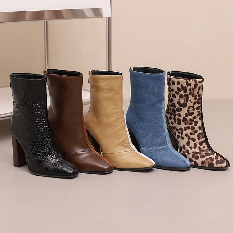 Chunky Boots Short Pointed Toe Heel