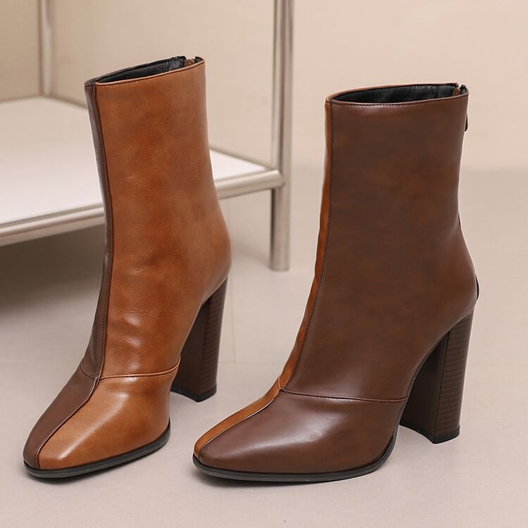 Chunky Boots Short Pointed Toe Heel