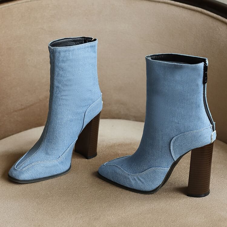 Short Heel Boots Chunky Pointed Toe