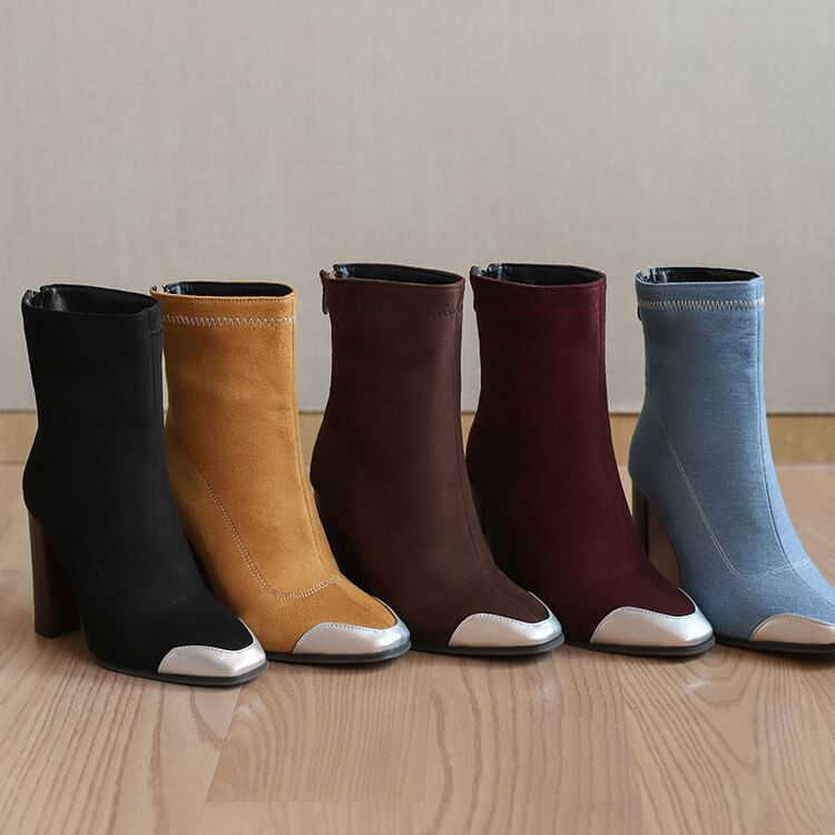 Denim Chunky Heel Boots Pointed Toe Short