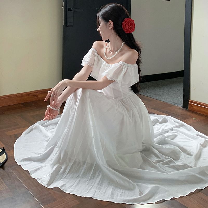 Off-Shoulder Ruffle Maxi Plain A-Line Ruched Short-Sleeve Dress Trim