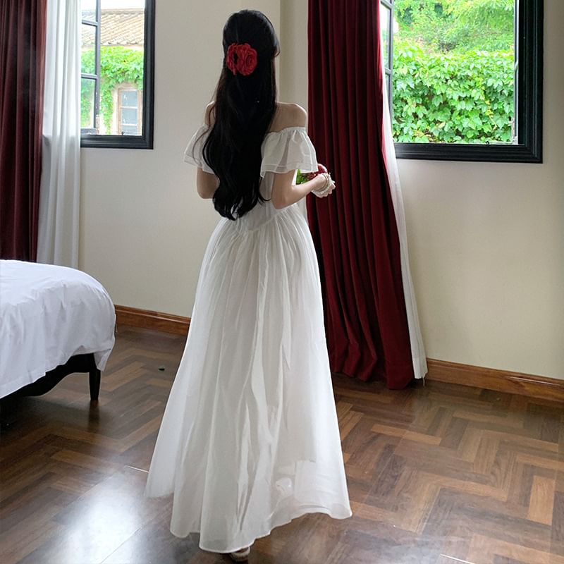 Off-Shoulder Ruffle Maxi Plain A-Line Ruched Short-Sleeve Dress Trim