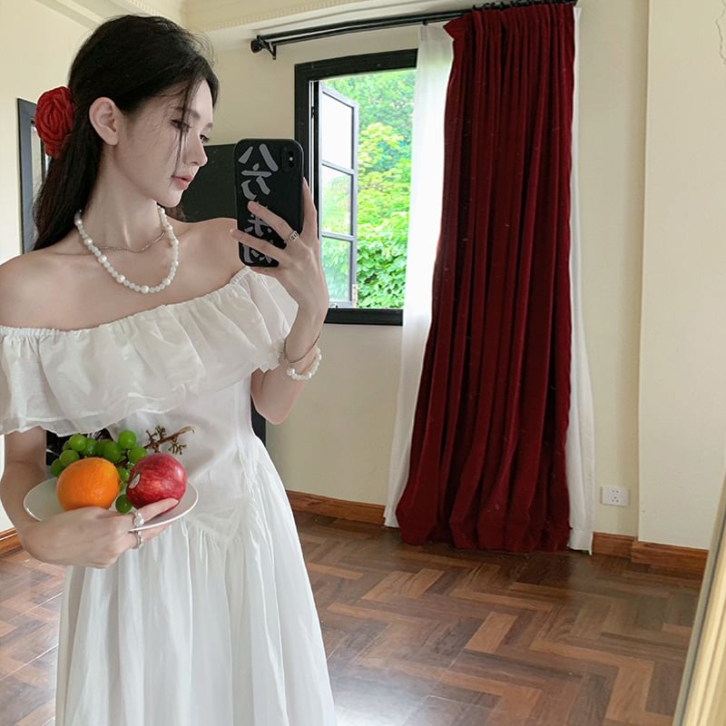 Off-Shoulder Ruffle Maxi Plain A-Line Ruched Short-Sleeve Dress Trim