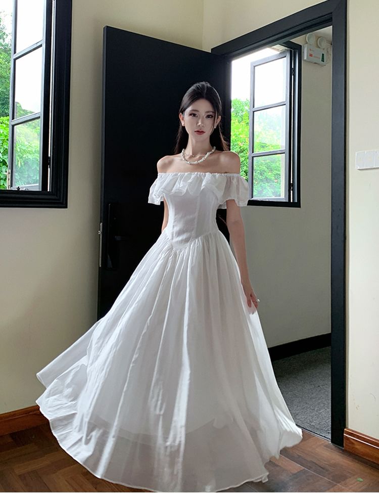 Off-Shoulder Ruffle Maxi Plain A-Line Ruched Short-Sleeve Dress Trim